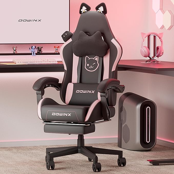 Gaming Chair Cute with Cat Ears and Massage Lumbar Support