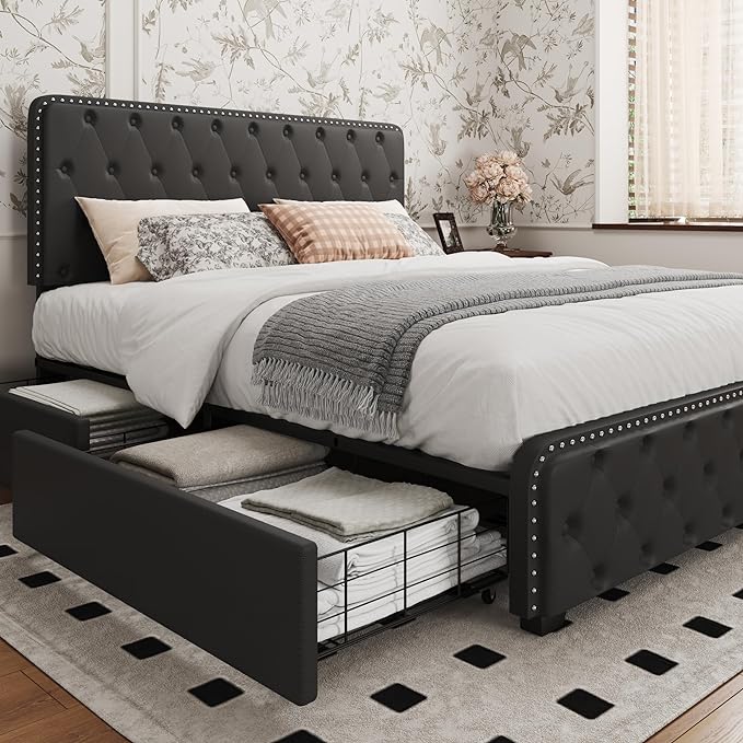 LuxeRest Upholstered Bed – Storage Drawers & Adjustable Headboard