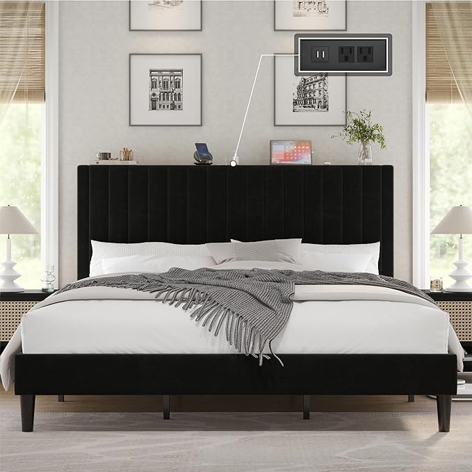 King Size Bed Frame, Velvet Upholstered Platform Bed