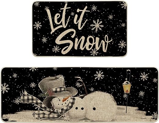 Red Let It Snow Snowflake Snowman Winter Kitchen Mats Set of 2