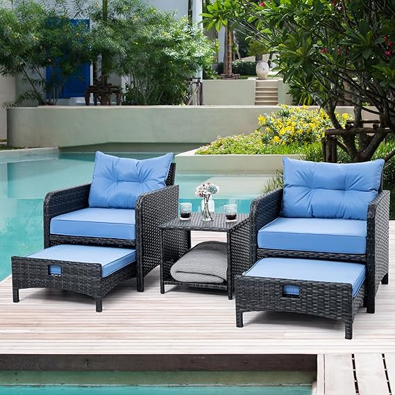 5 Pieces Outdoor Patio Wicker Chairs Set with Ottoman