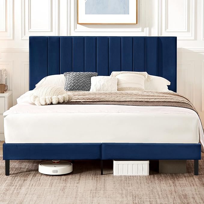 King Size Platform Bed Frame with Velvet Upholstered Headboard and Wooden