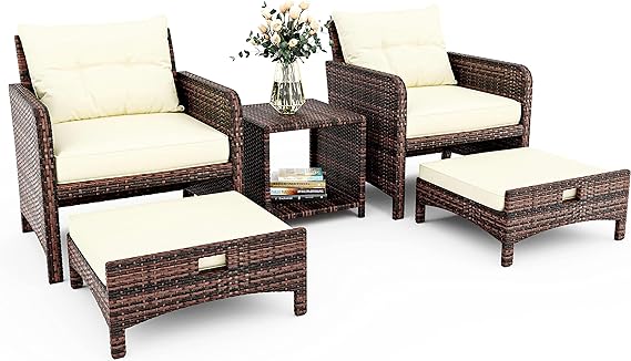 5 Pieces Outdoor Patio Wicker Chairs Set with Ottoman