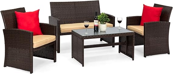4-Piece Outdoor Wicker Patio Conversation Furniture Set for Backyard w/Coffee Table