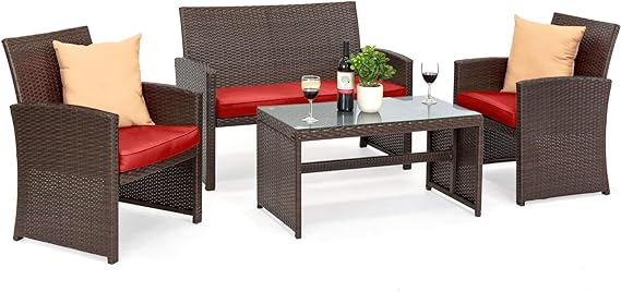4-Piece Outdoor Wicker Patio Conversation Furniture Set for Backyard w/Coffee Table