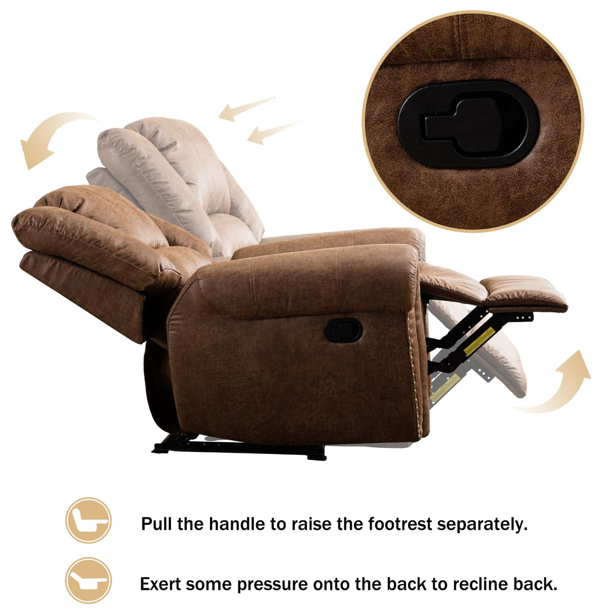 Brown leather couch recliner in a fully reclined position with a side lever for manual adjustment. Modern leather sofa recliner with footrest and ergonomic design for comfort.