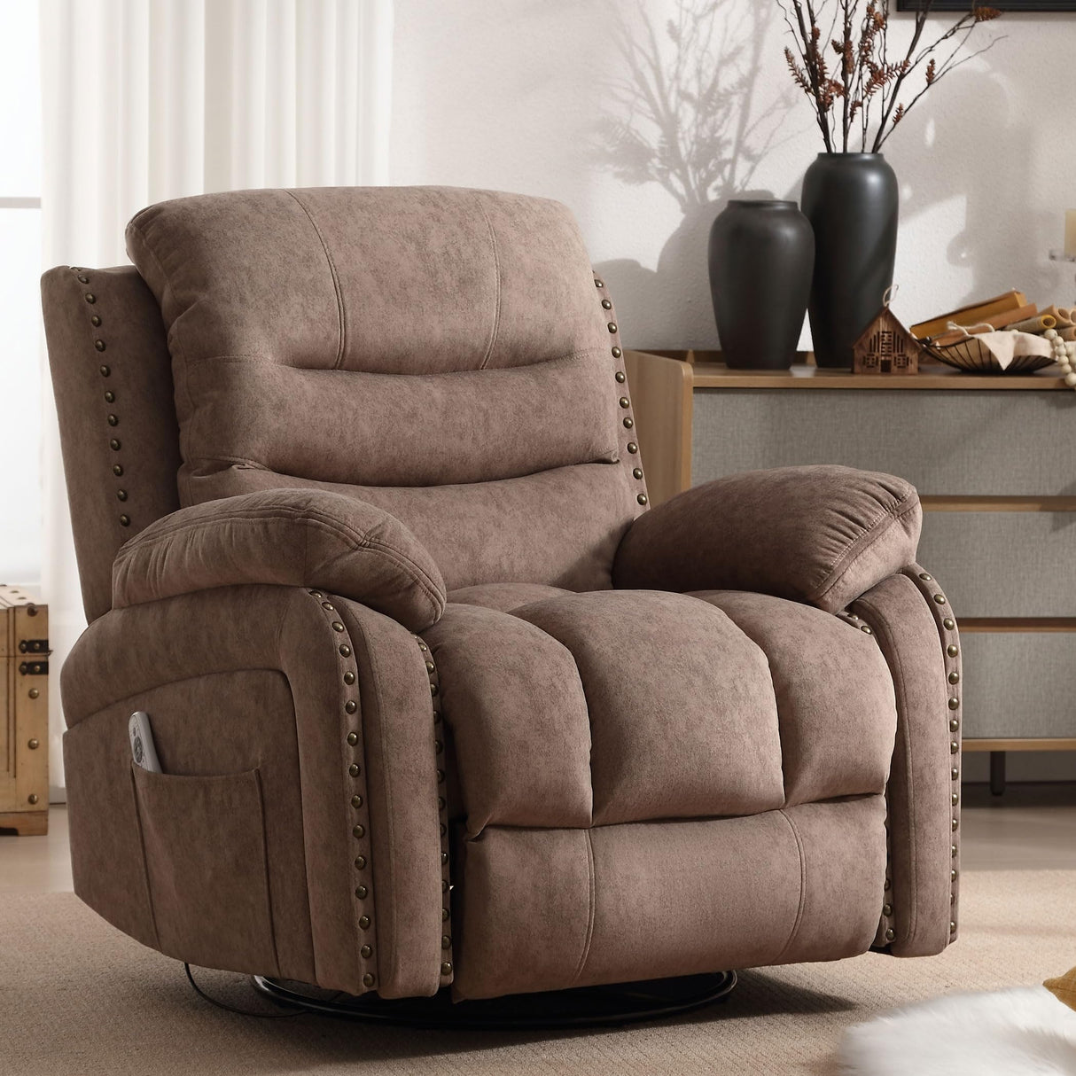 Brown swivel rocker recliner with massage zones and cup holder