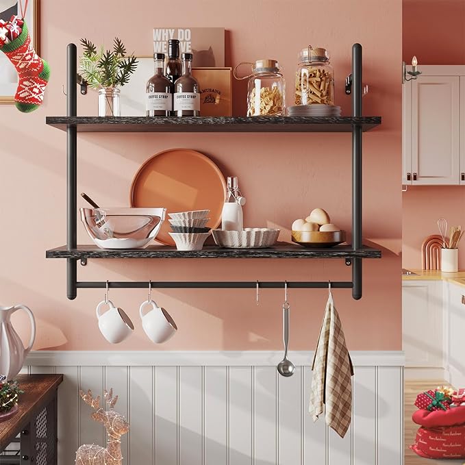 Pipe Shelf Industrial Floating Shelving Kitchen Wall-Mounted Shelf with Towel Bar Hooks