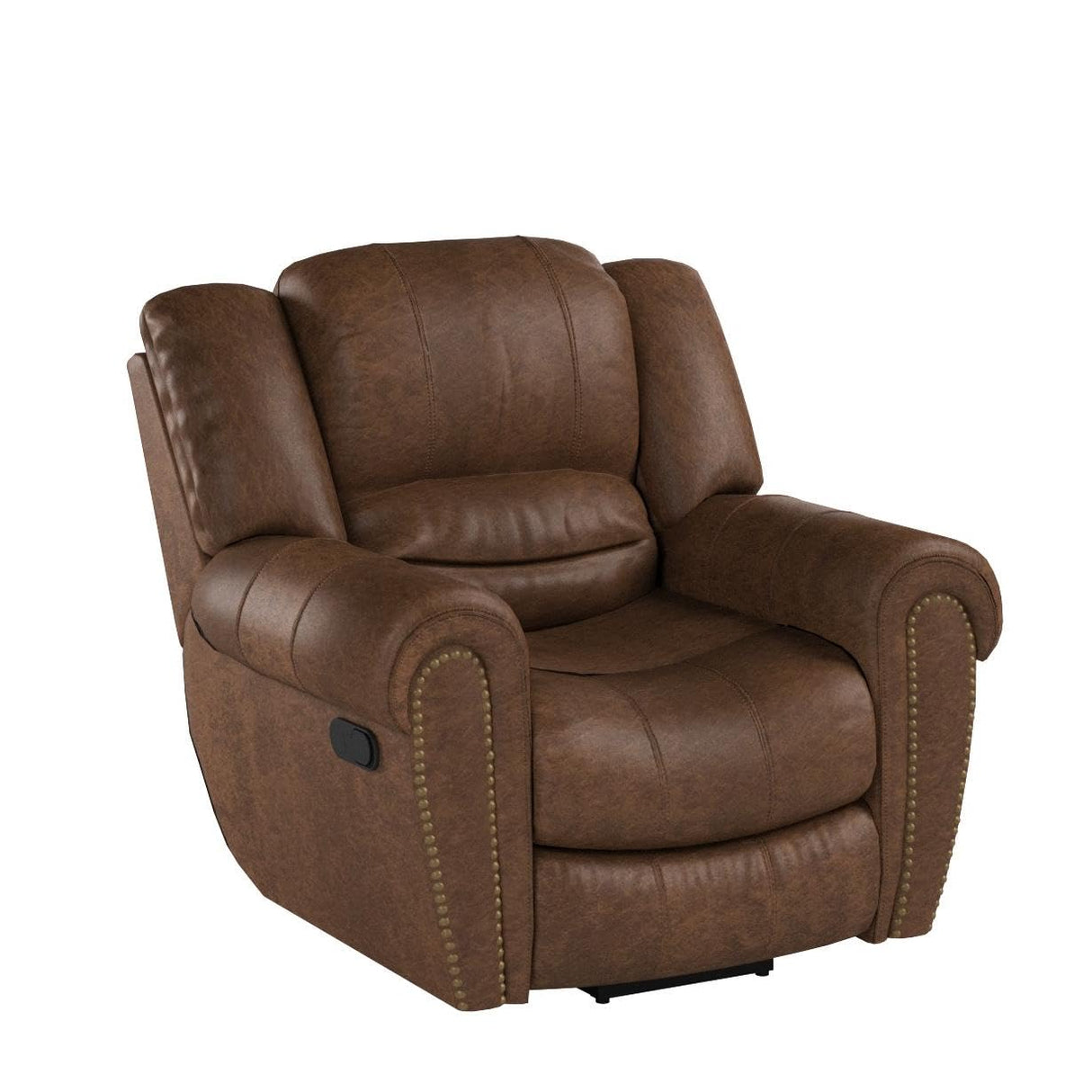 Classic and traditional brown leather recliner chair with plush cushioning and brass nailhead trim. Comfortable and stylish genuine leather recliner for living rooms and home theaters.
