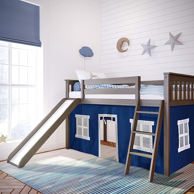 Low Loft Bed, Twin Bed Frame For Kids With Slide