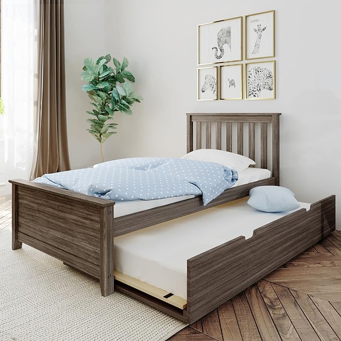 Twin Bed, Wood Bed Frame with Headboard For Kids