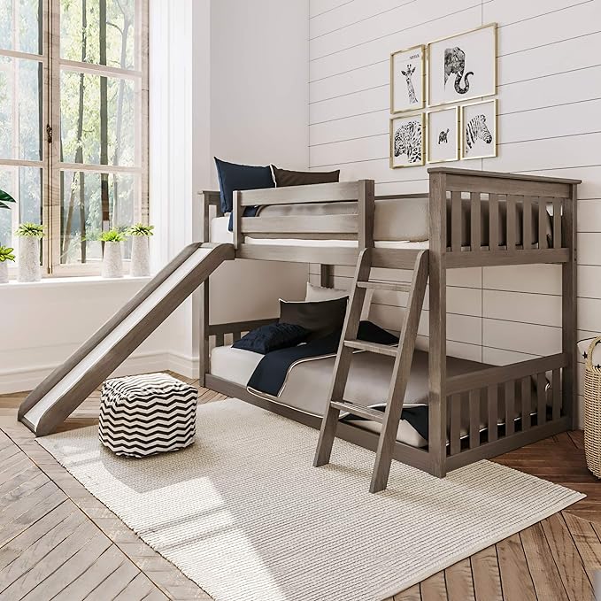 Low Bunk Bed, Twin-Over-Twin Bed Frame For Kids