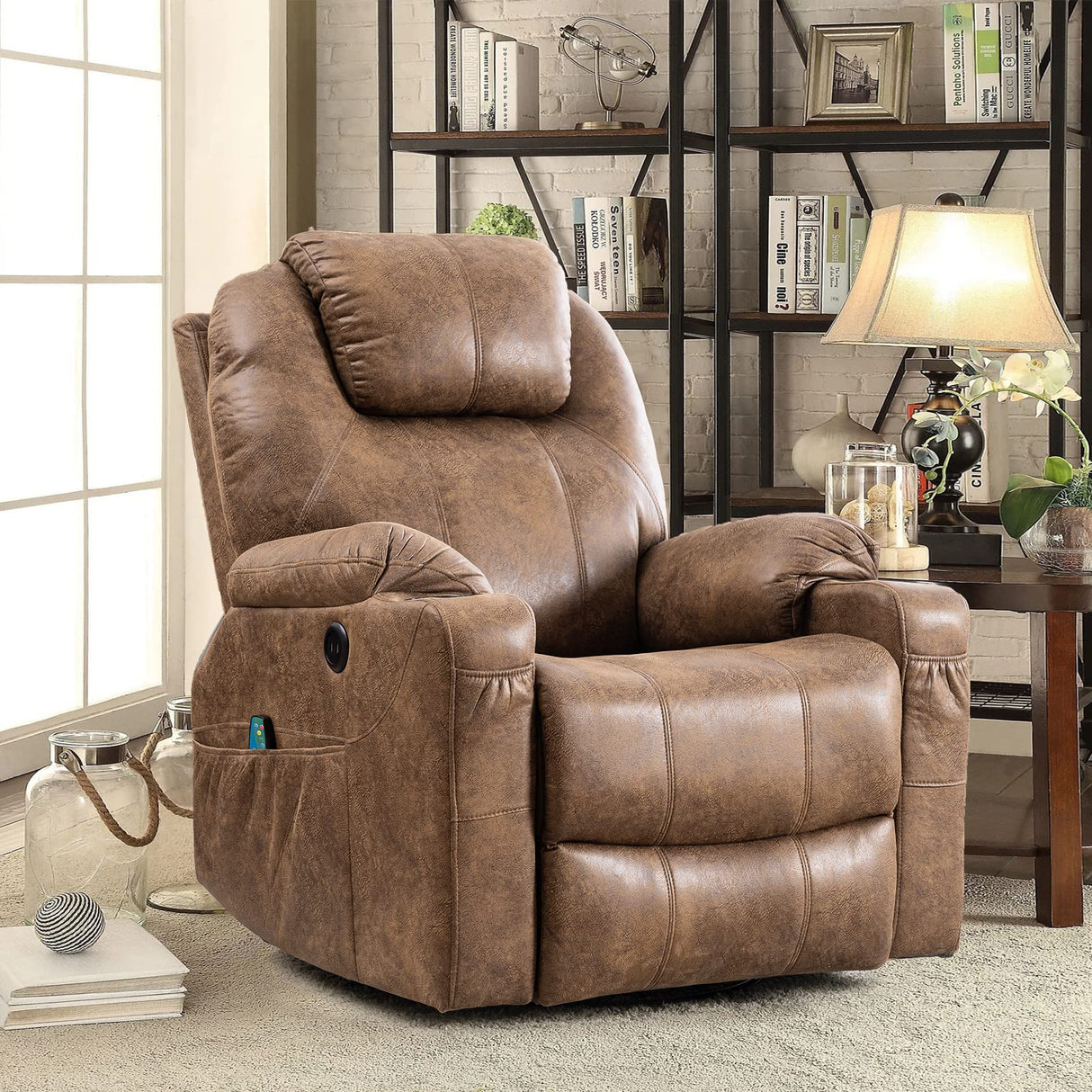 Close-Up of Recliner Armrest, Controls, and Storage Pocket – Brown Suede