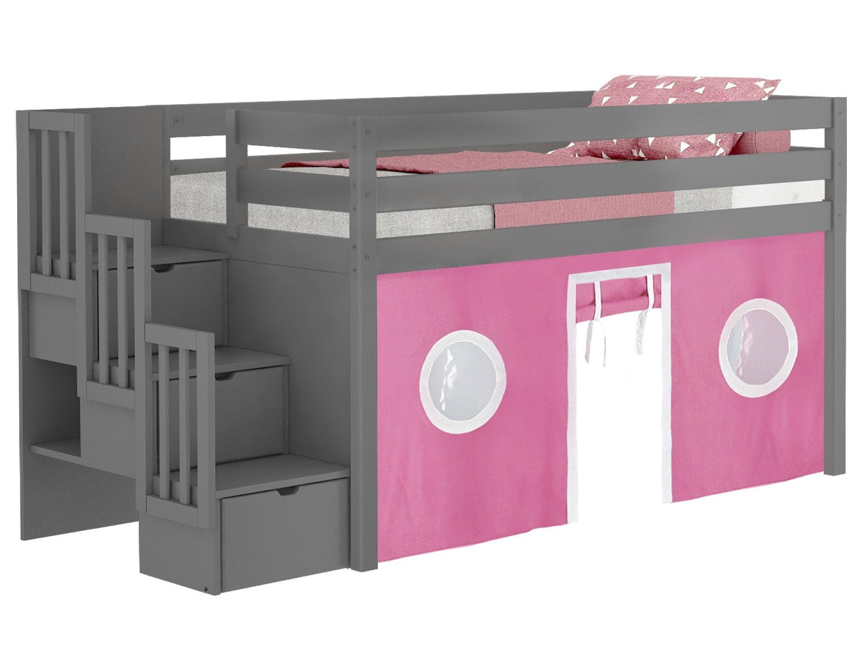 Close-up of wooden stairs with built-in storage drawers.