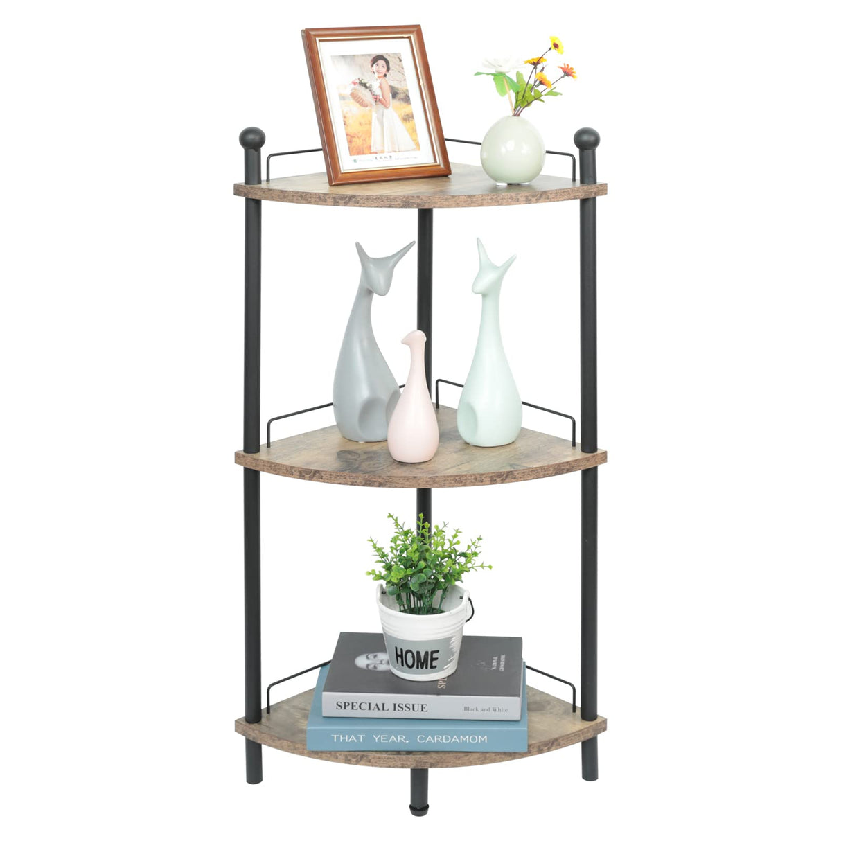 Compact 3-tier wooden corner shelf for bathroom and living room