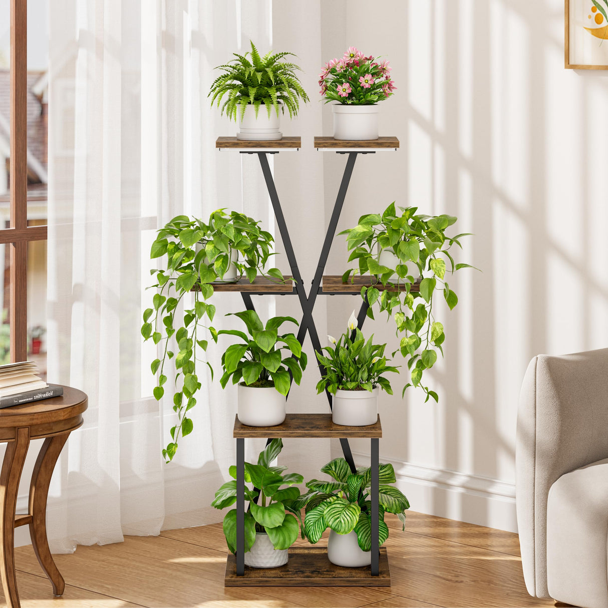 Corner plant stand with grow lights for indoor plants
