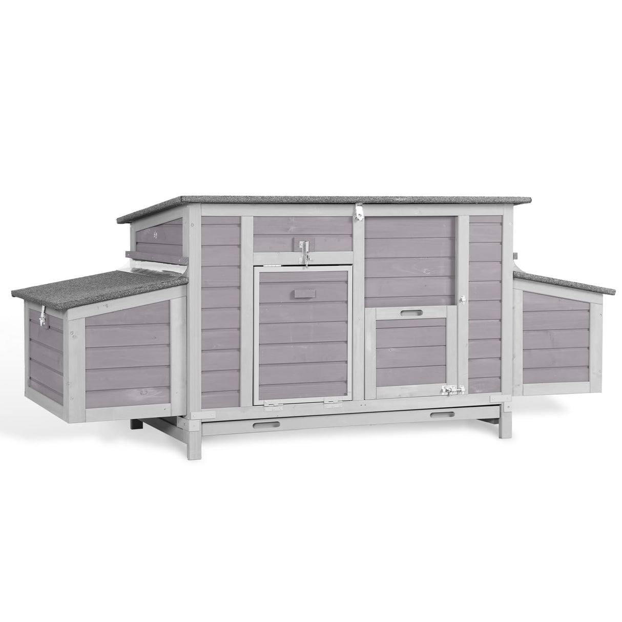 CozyNest low-profile chicken coop with four nesting boxes and removable tray