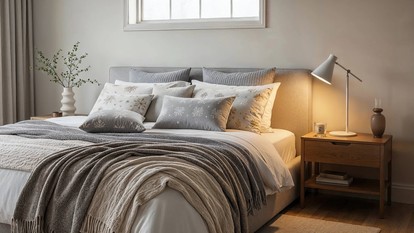 Cozy holiday-themed bedroom with a Bircata bed.