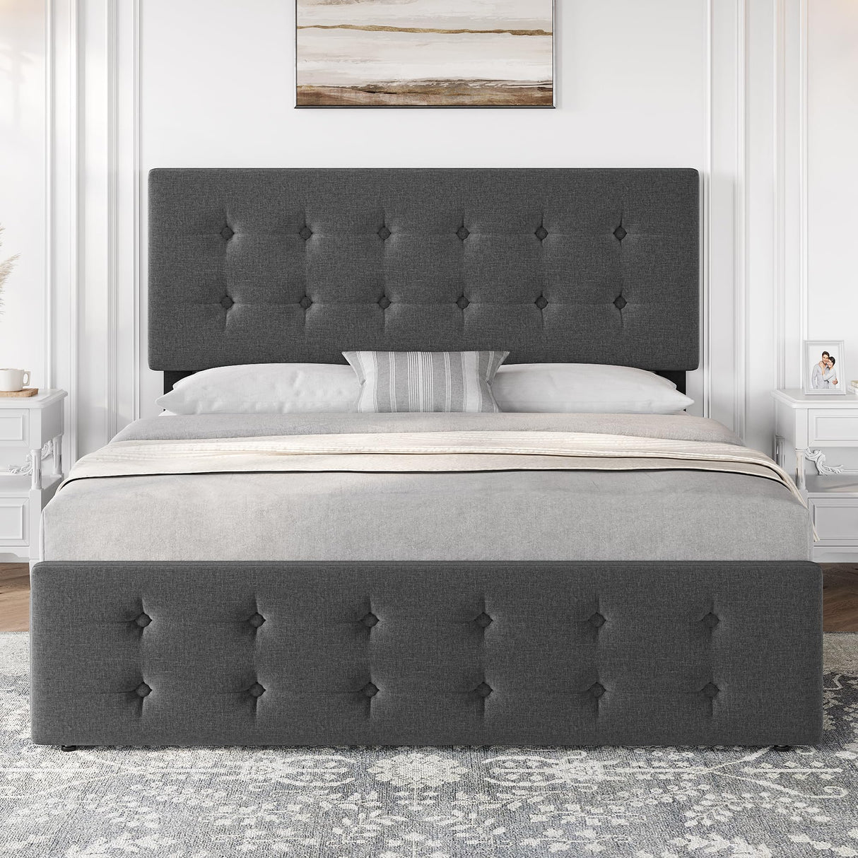 Dark Grey Upholstered Full Bed Frame with Tufted Headboard – Front View