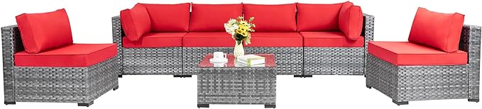 5 Pieces Outdoor Patio Sectional Sofa Couch, Silver Gray PE Wicker Furniture