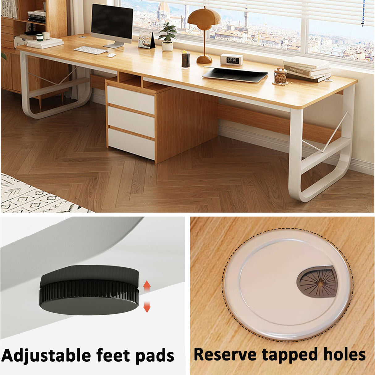 Double workstation desk with spacious tabletop and file storage in a contemporary office setup.