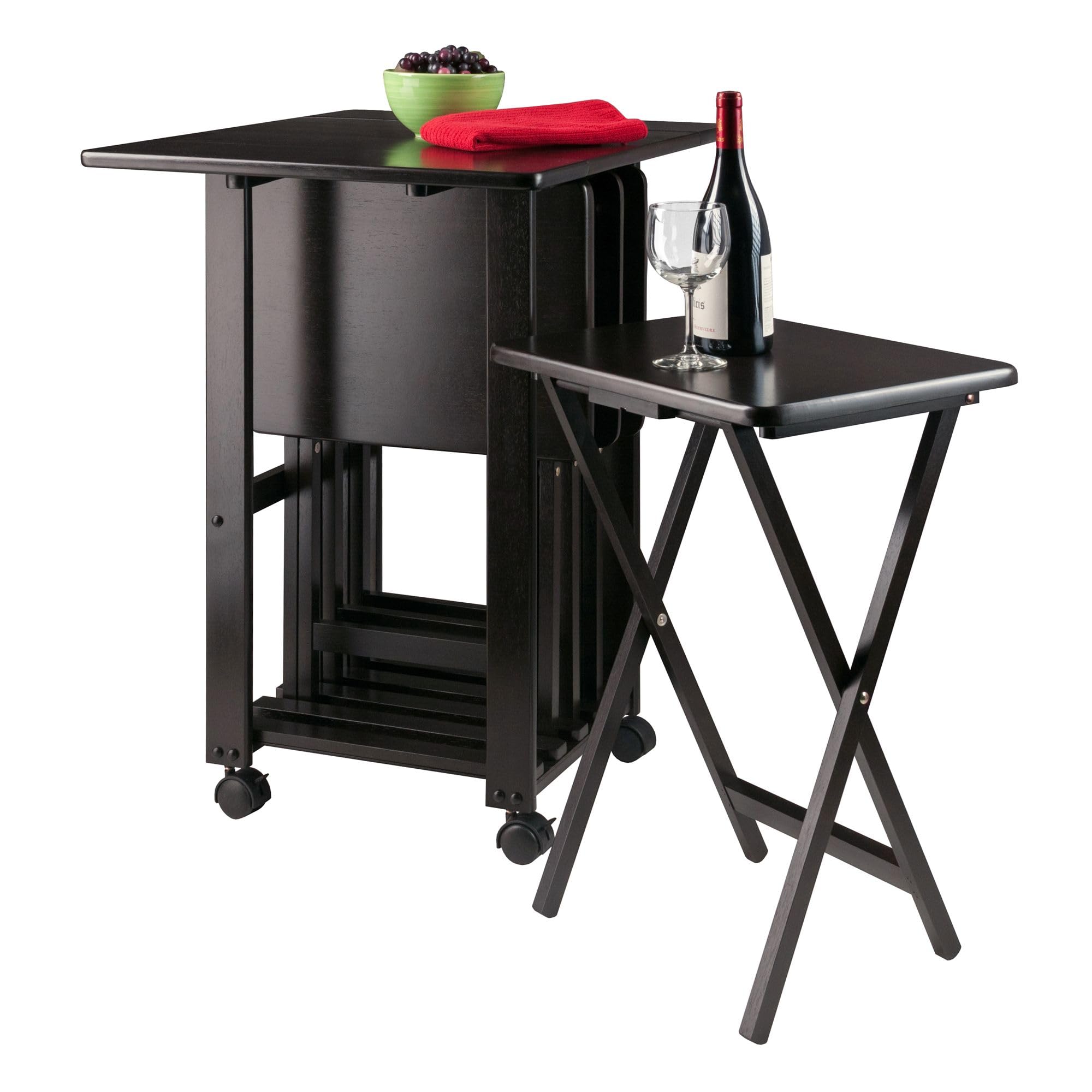 Drop-leaf tray table set with mobile storage cart