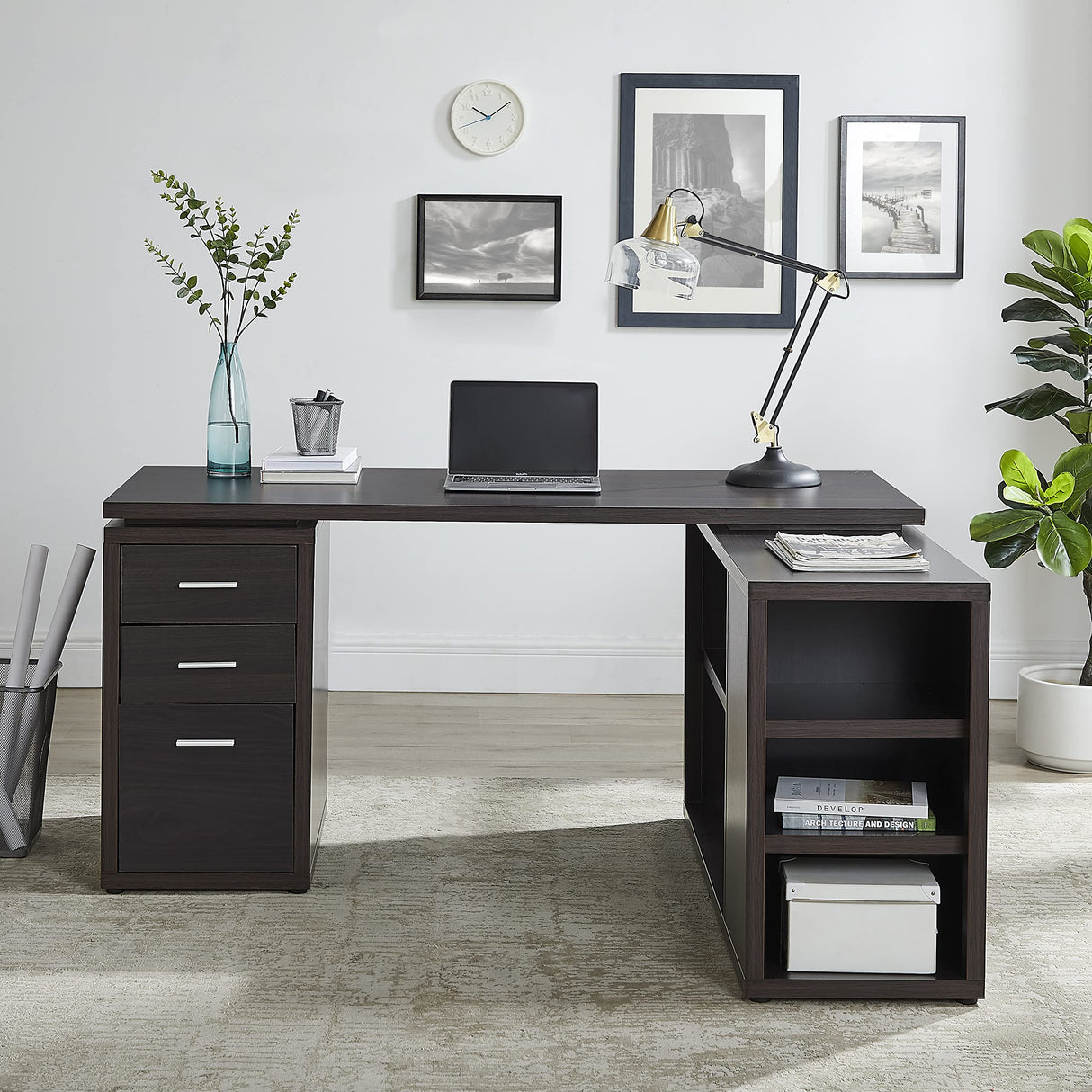 Espresso L-Shaped Executive Desk with Storage Drawers