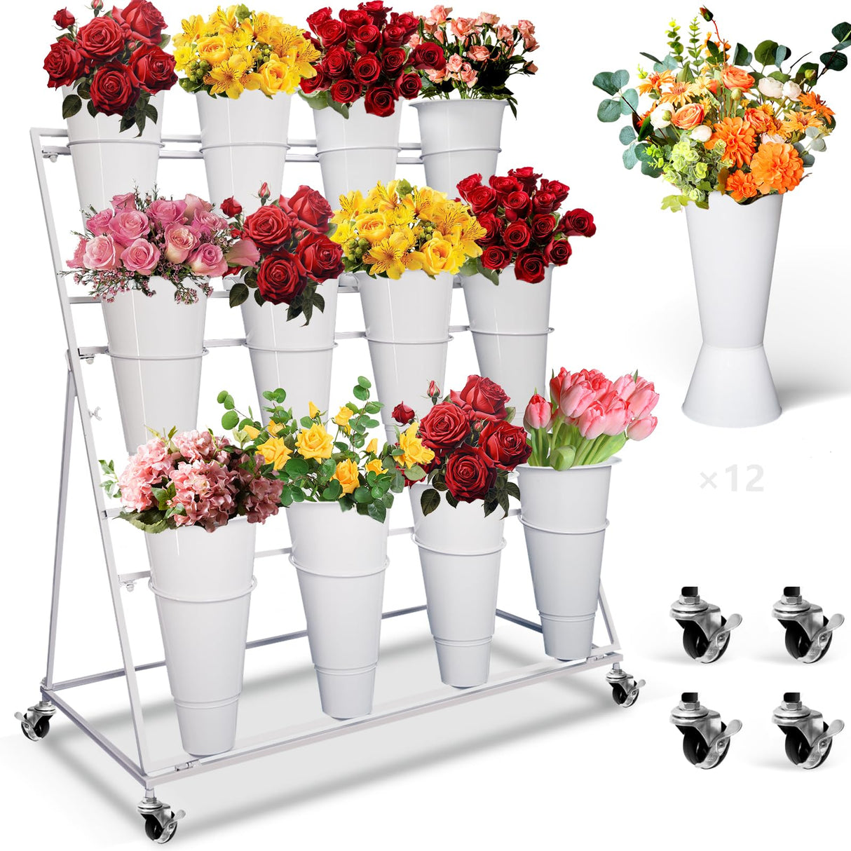 FloraBloom 3-tier flower cart display with 12 buckets