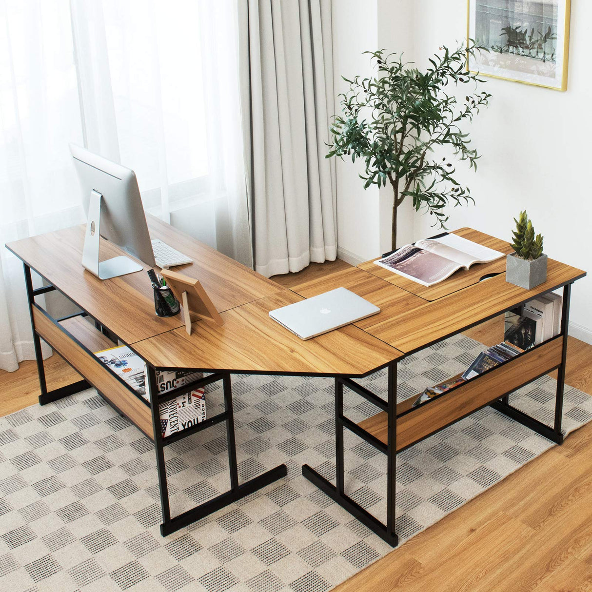 Foldable industrial-style L-shaped workstation with metal frame