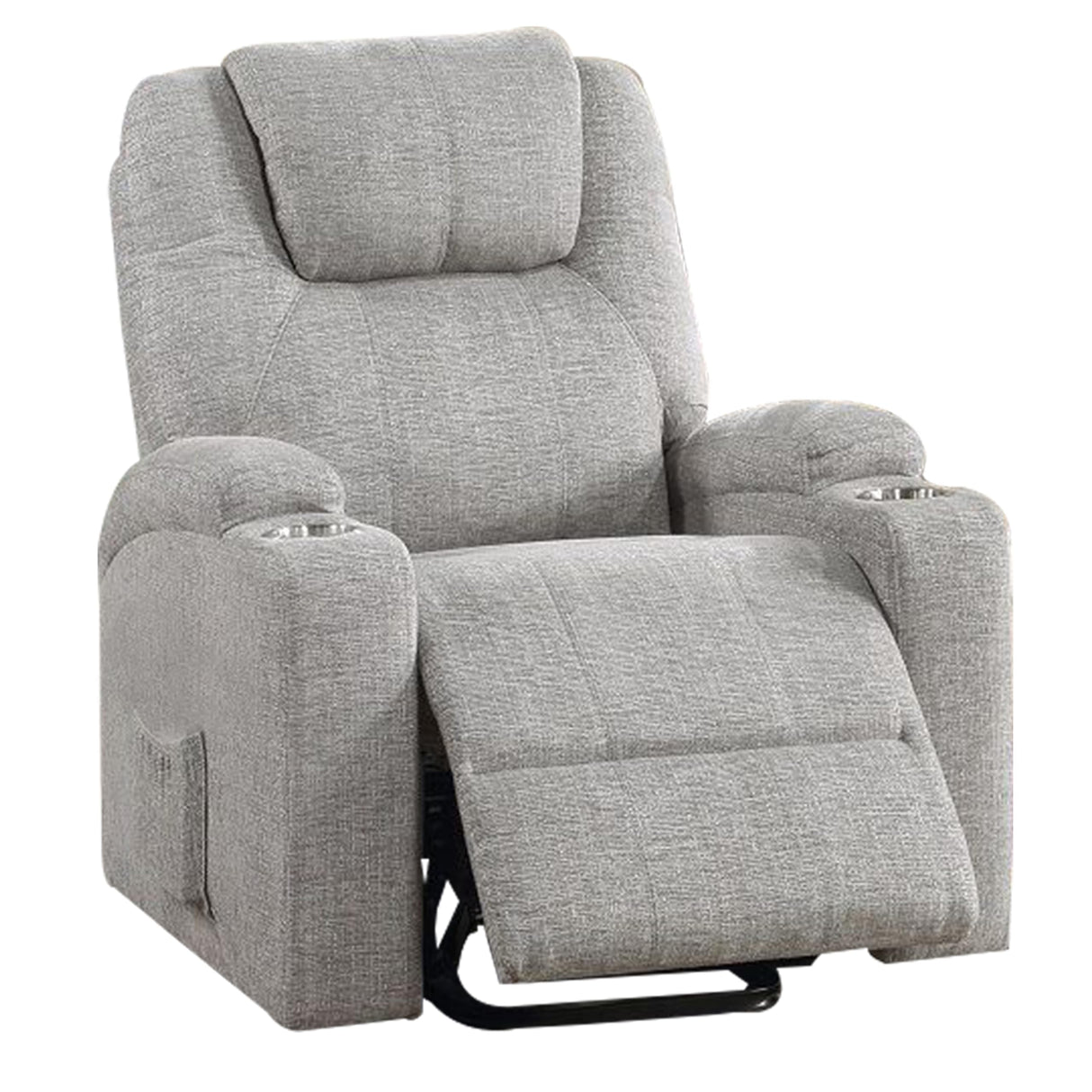 Front view of Benjara Evans 37-inch power lift recliner in light gray chenille