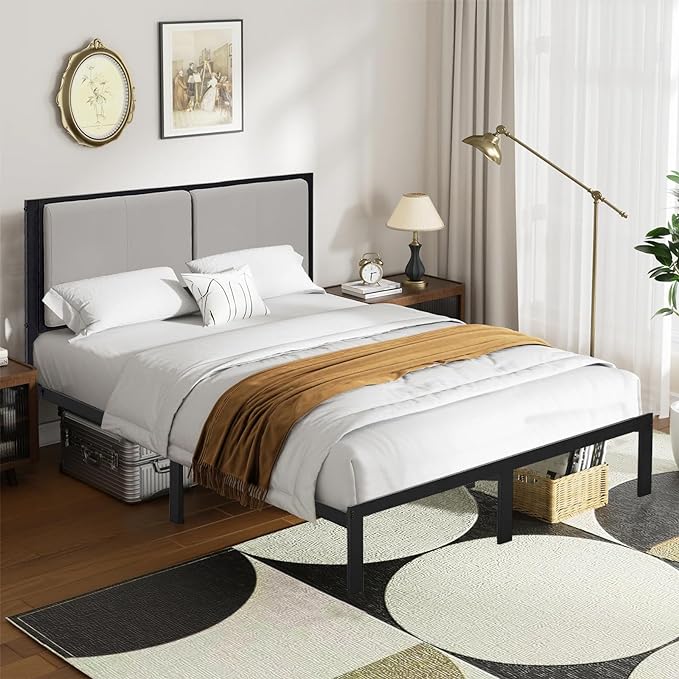 Upholstered Bed Frame Queen Size with Headboard(Deluxe PU Leather