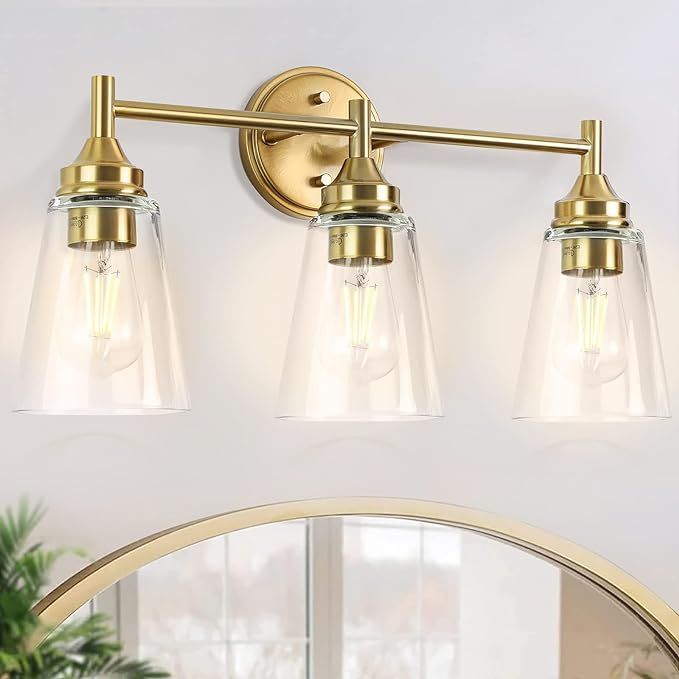 Wall Light Fixture, Vintage Bathroom Vanity Light with 3 Clear Glass Shade