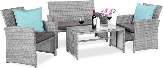 4-Piece Outdoor Wicker Patio Conversation Furniture Set for Backyard w/Coffee Table
