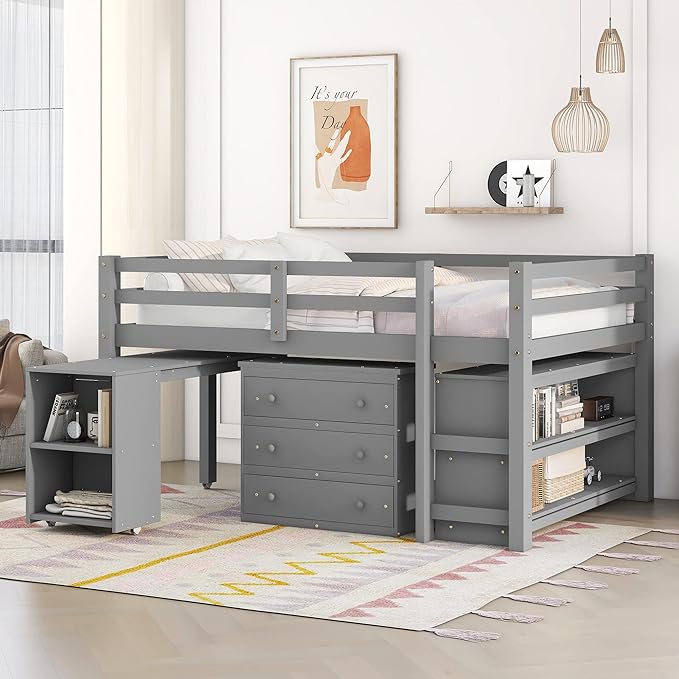 Designs Full Size Loft Bed with Stairs and Storage Drawers