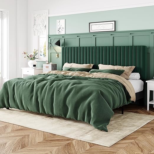 King Bed Frame, Velvet Upholstered Platform Bed