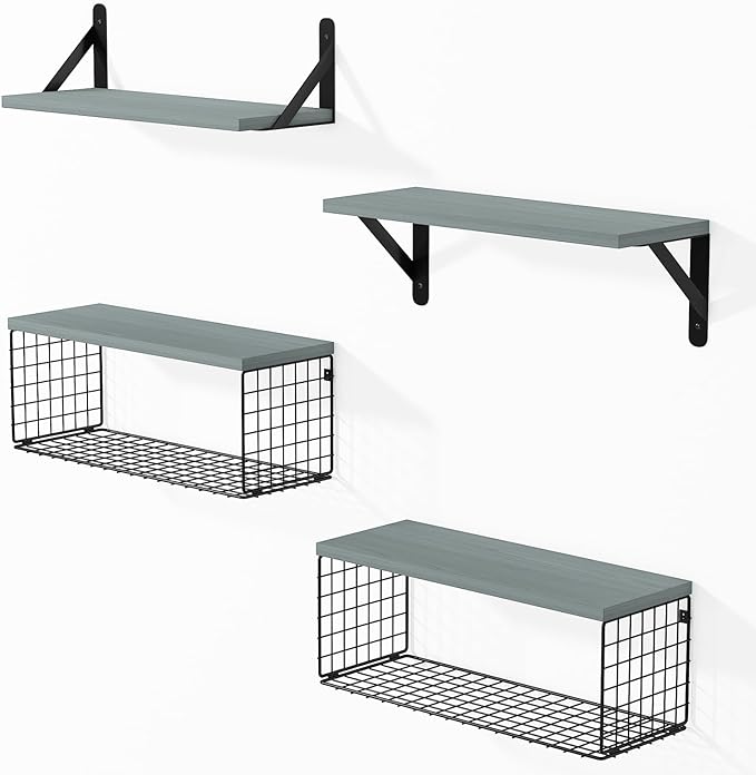Wall Floating Shelves, Wall Mounted Shelf Set of 4, with Metal Baskets, Rustic DƩcor Style