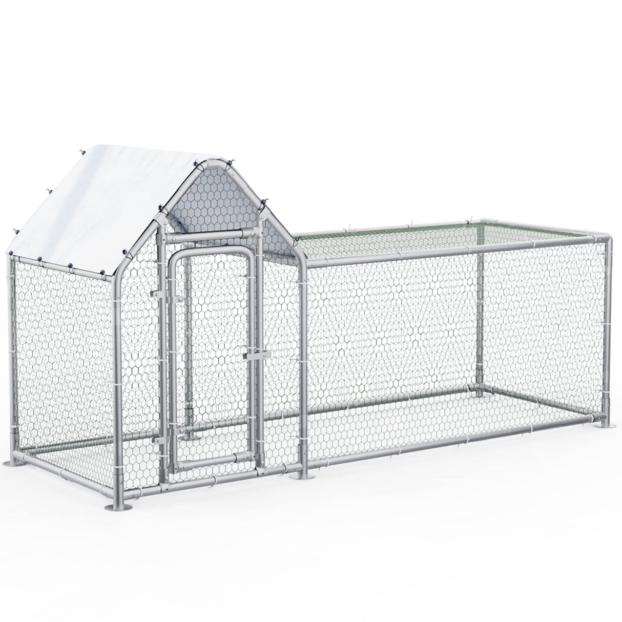 Heavy-duty galvanized steel chicken coop with PVC-coated hexagonal wire mesh and waterproof UV-resistant cover.