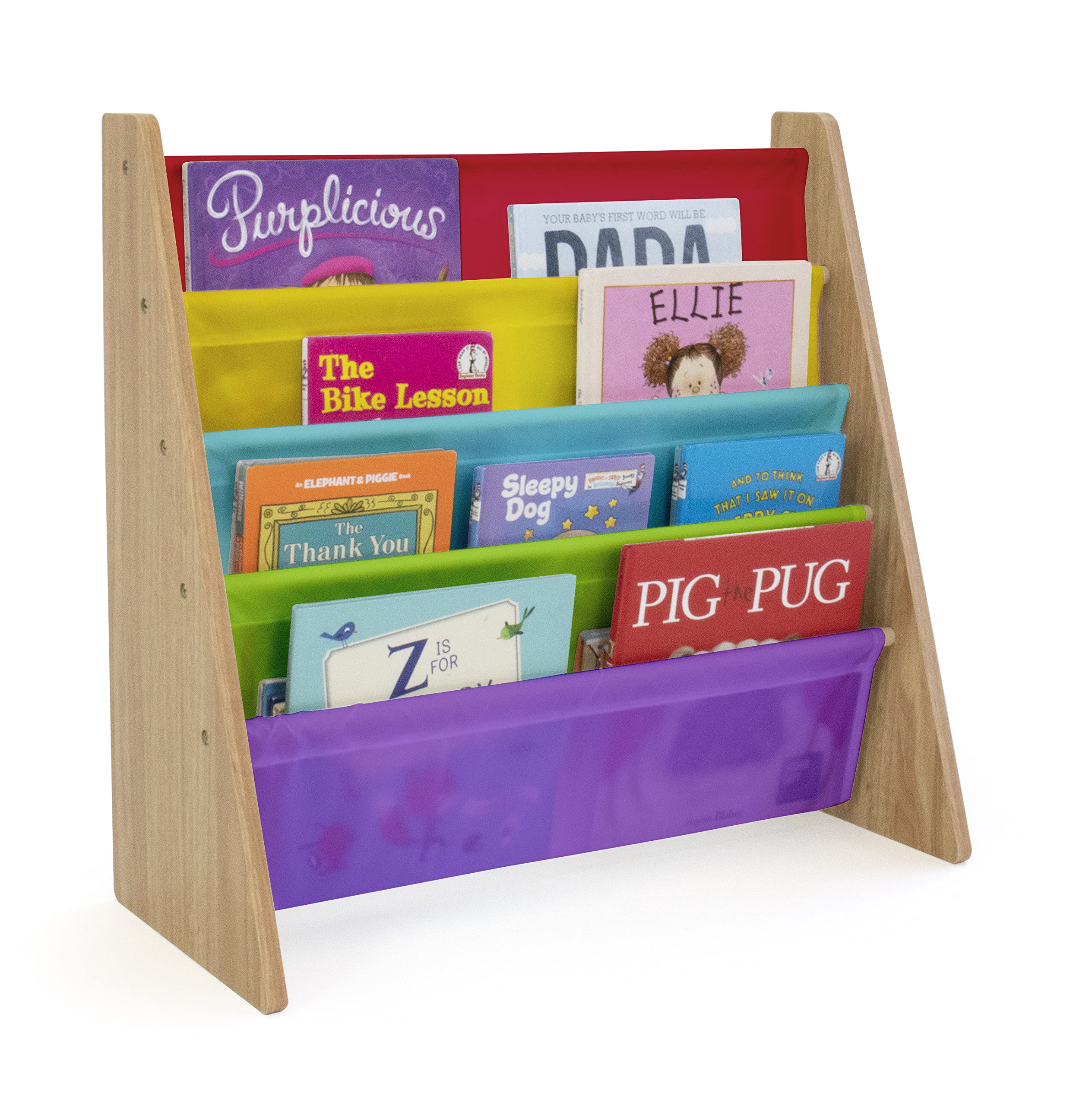 Humble Crew 4-Tier Kids Bookshelf - Natural Wood Frame with Rainbow Fabric Storage