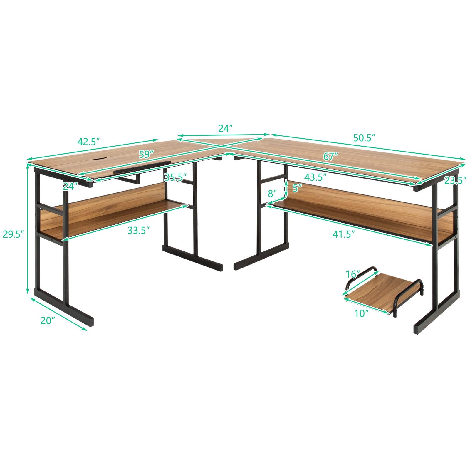 Illustration of desk dimensions: 67D x 59W x 29.5H inches