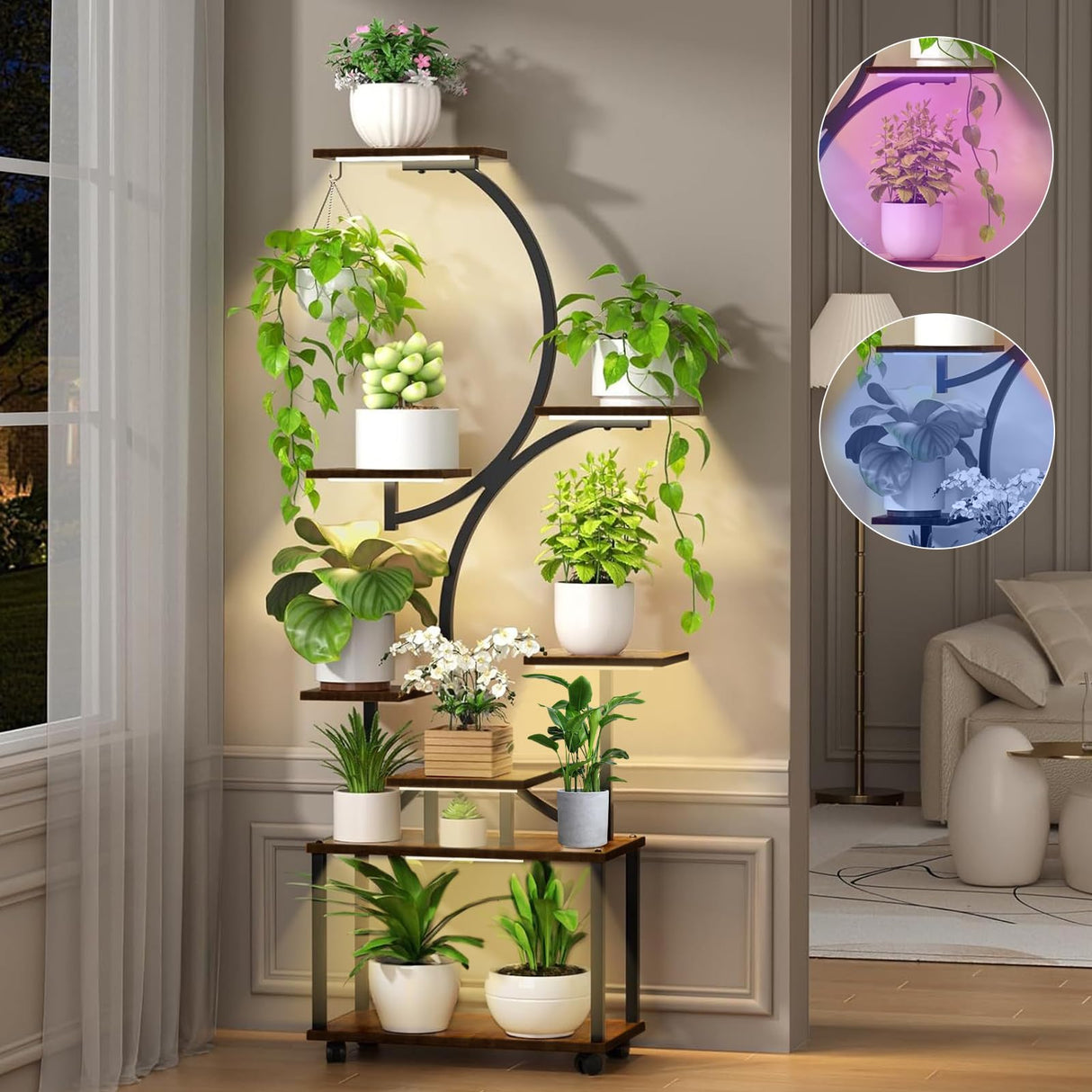 Indoor plant stand with wheels and multi-tier storage