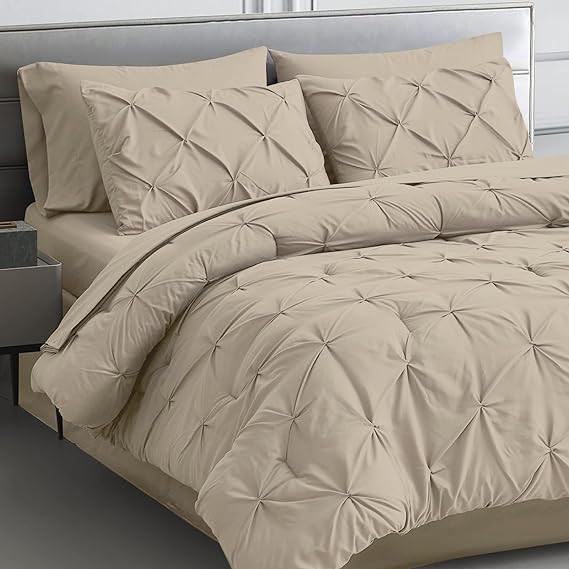 Queen Comforter Set 7 Pieces Pinch Pleat Bed in A Bag, Navy Comforter Queen Sets