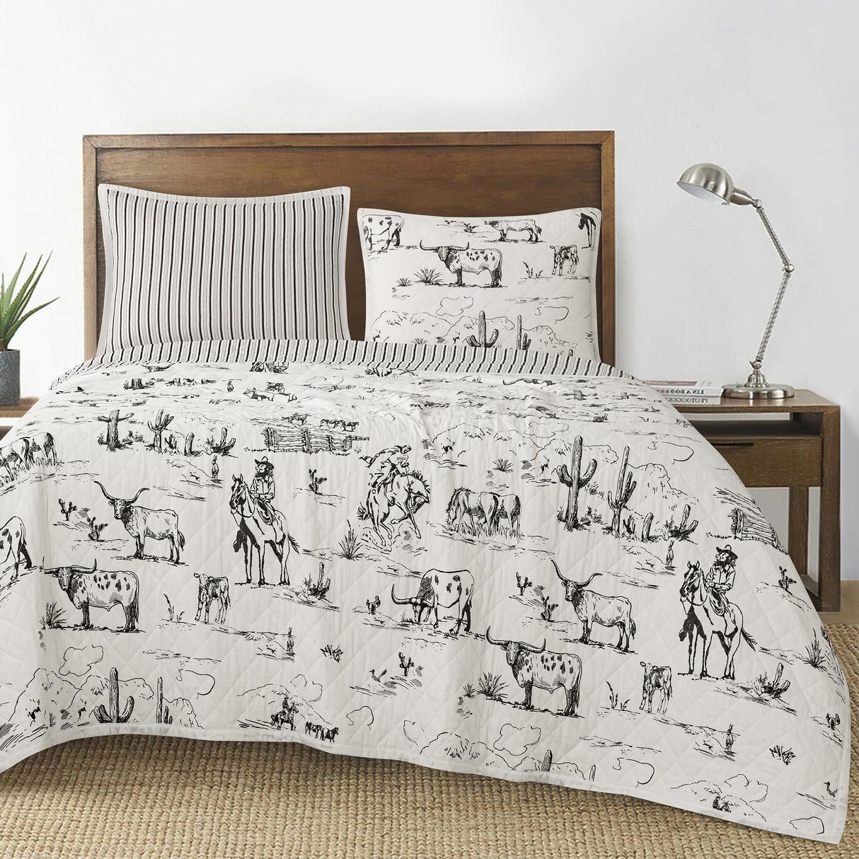 King-size quilt set with a cowboy rodeo print, made of soft, breathable cotton. Includes a lightweight quilt and two matching pillow shams.