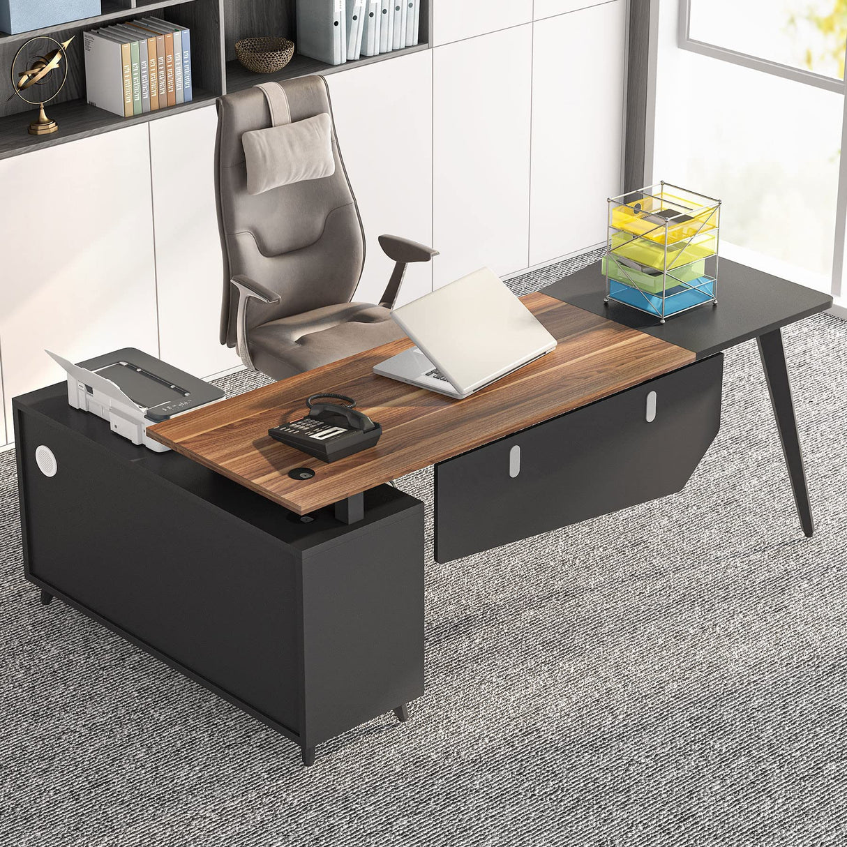 L-shaped executive desk with file cabinet and shelves