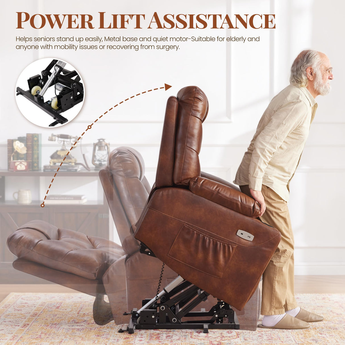 Lift recliner with Type-C charging ports and side pockets