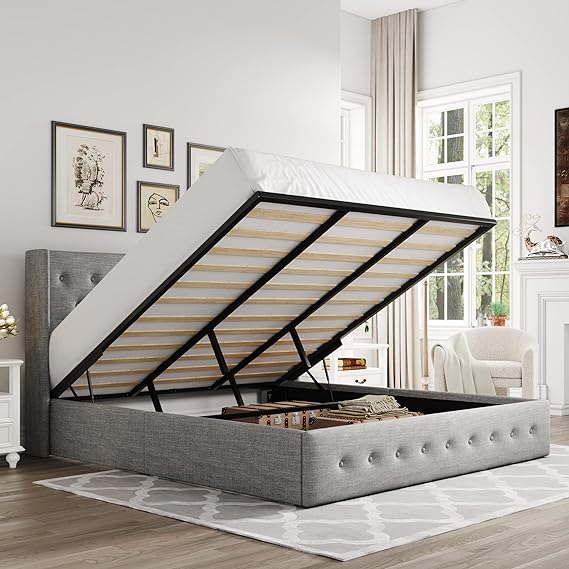King Size Lift Up Storage Bed, Button Tufted Headboard with Wingback