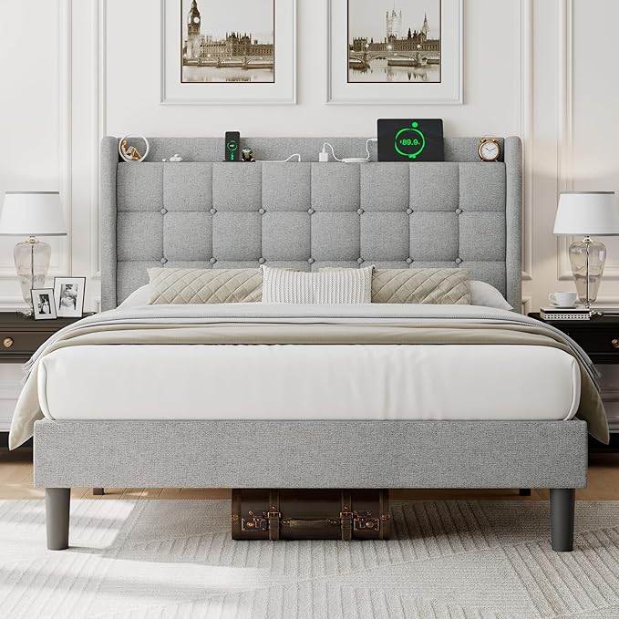 Queen Bed Frame with Button Tufted Headboard, Upholstered Platform Bed