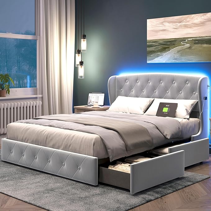 LumeRest LED Bed – Upholstered Platform with Storage Drawers & RGB Lights