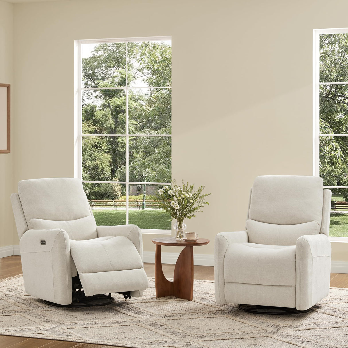 Linen power recliner chair in living room with window backdrop