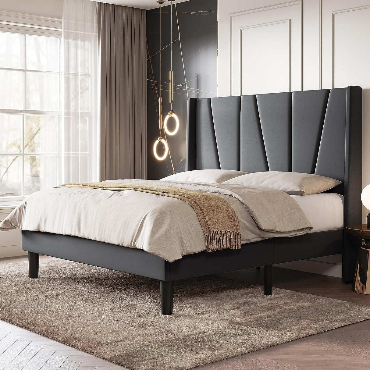 Luxury Queen Upholstered Platform Bed with Wood Headboard