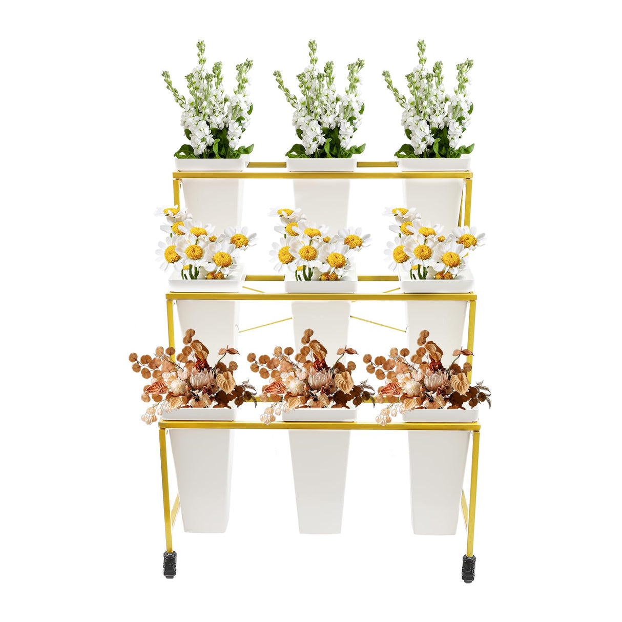 Mobile 3-tier flower display stand with 9 plant buckets